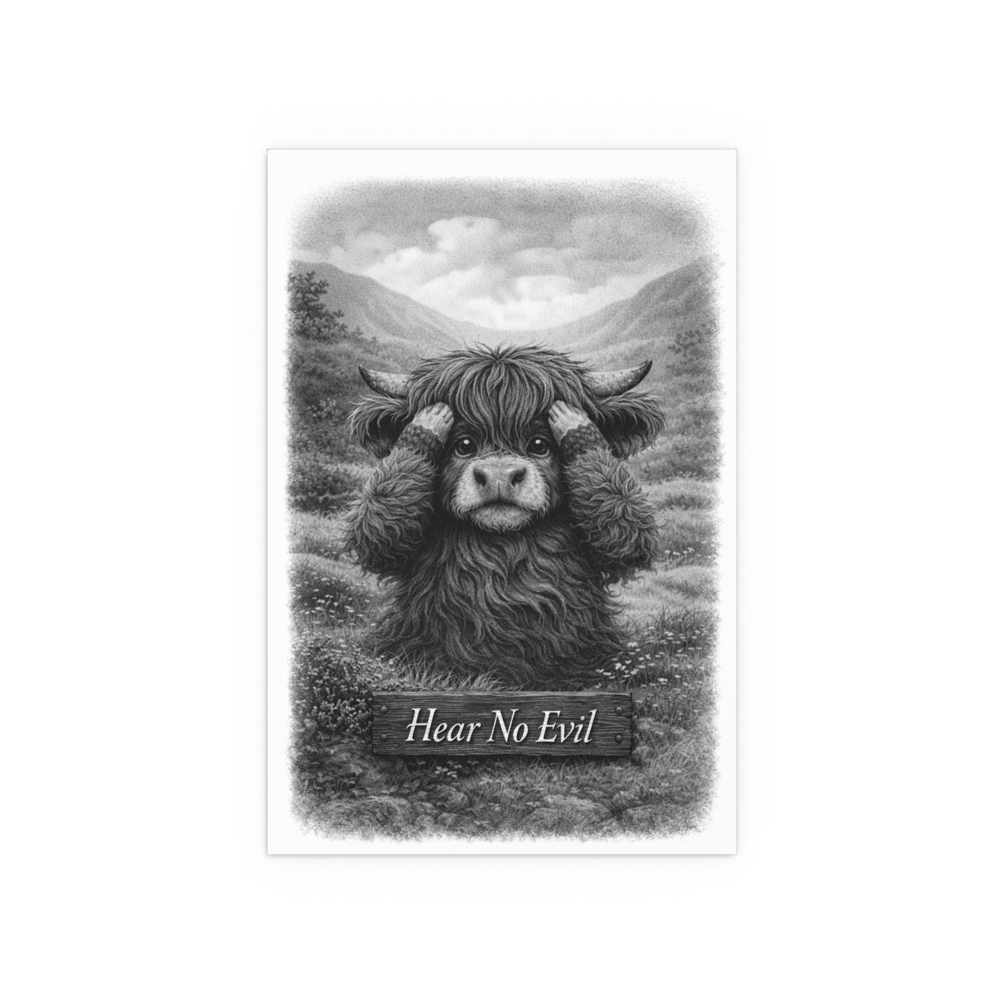 Hear No Evil Highland Cow Poster | Black and White Farmhouse Art