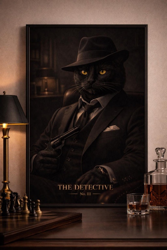 Noir Detective Cat Art Print | Vintage Style Office Decor
