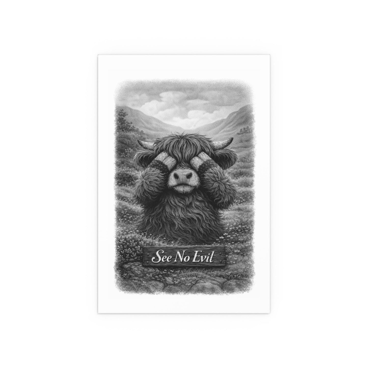 See No Evil Highland Cow Poster | Black and White Farmhouse Art