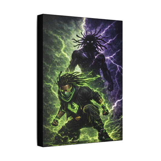 Shadow Warrior Illustration Satin Canvas Stretched | Neon Lightning Art Wall Decor