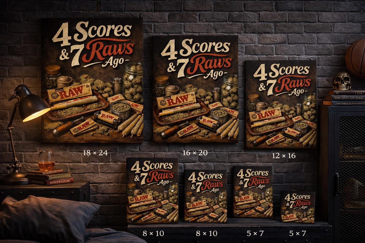 4 Scores and 7 Raws Ago | Cannabis Canvas Wall Art | Man Cave and Bedroom Decor