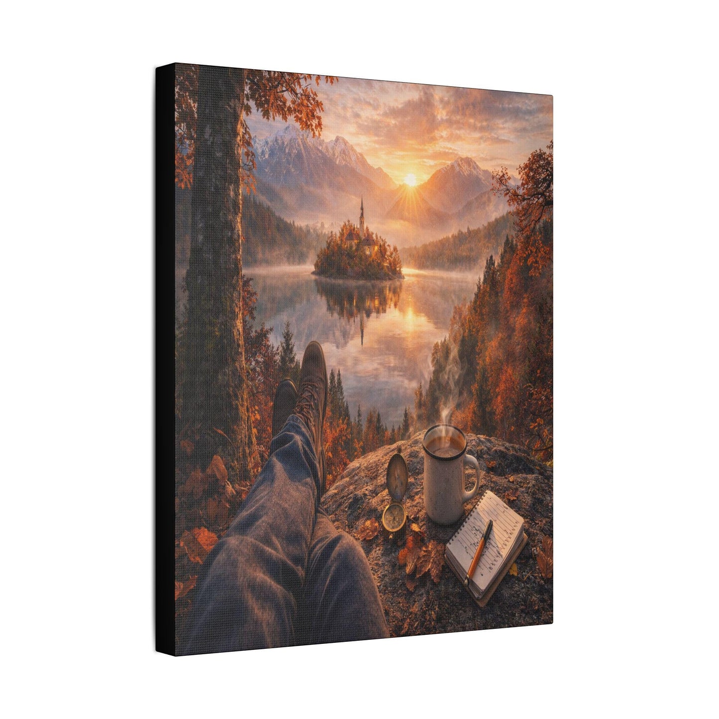 Autumn Lake Canvas Art, Cozy Mountain Landscape, Ready-to-Hang