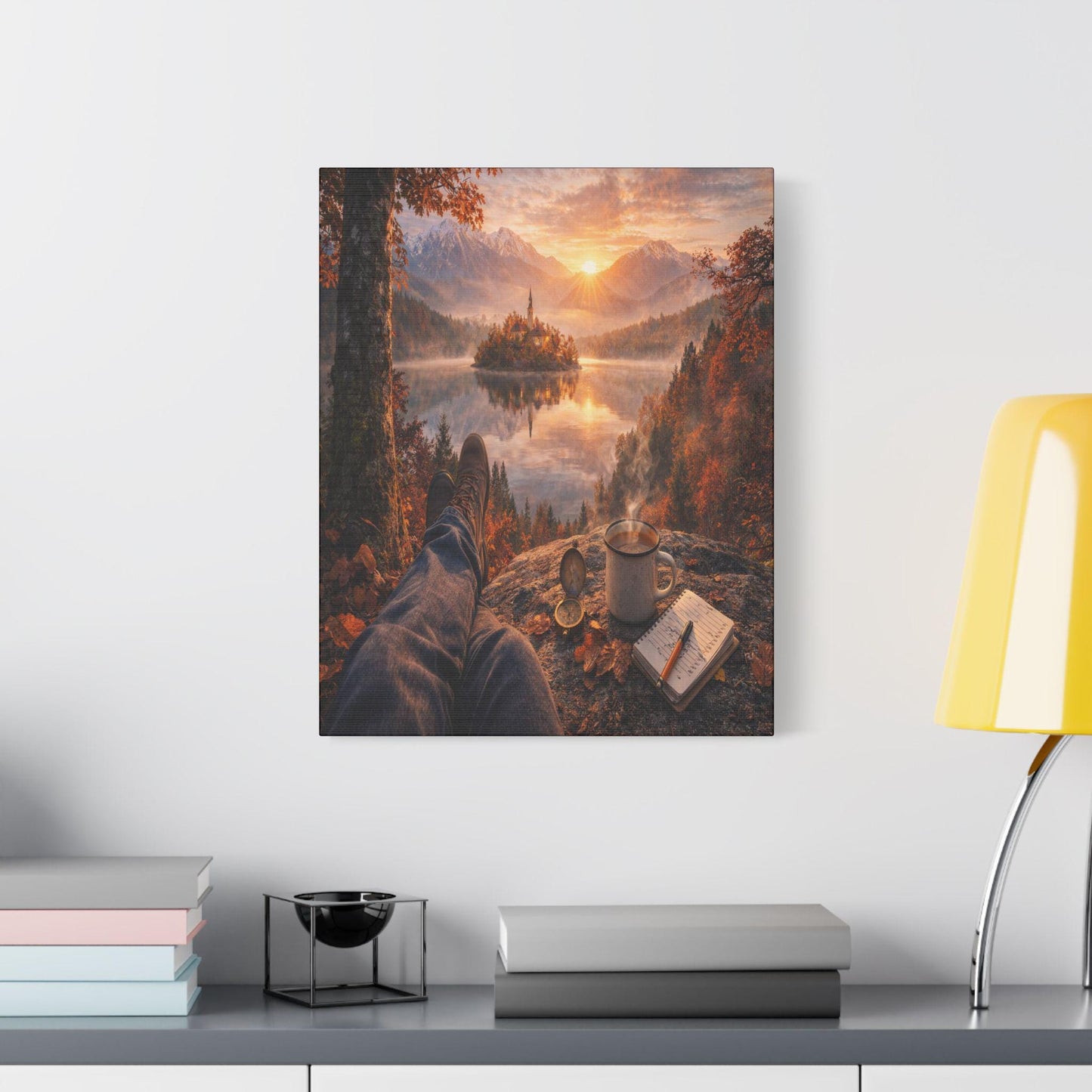 Autumn Lake Canvas Art, Cozy Mountain Landscape, Ready-to-Hang