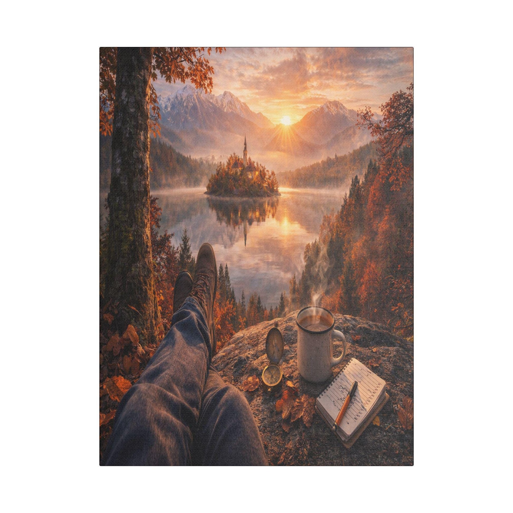 Autumn Lake Canvas Art, Cozy Mountain Landscape, Ready-to-Hang