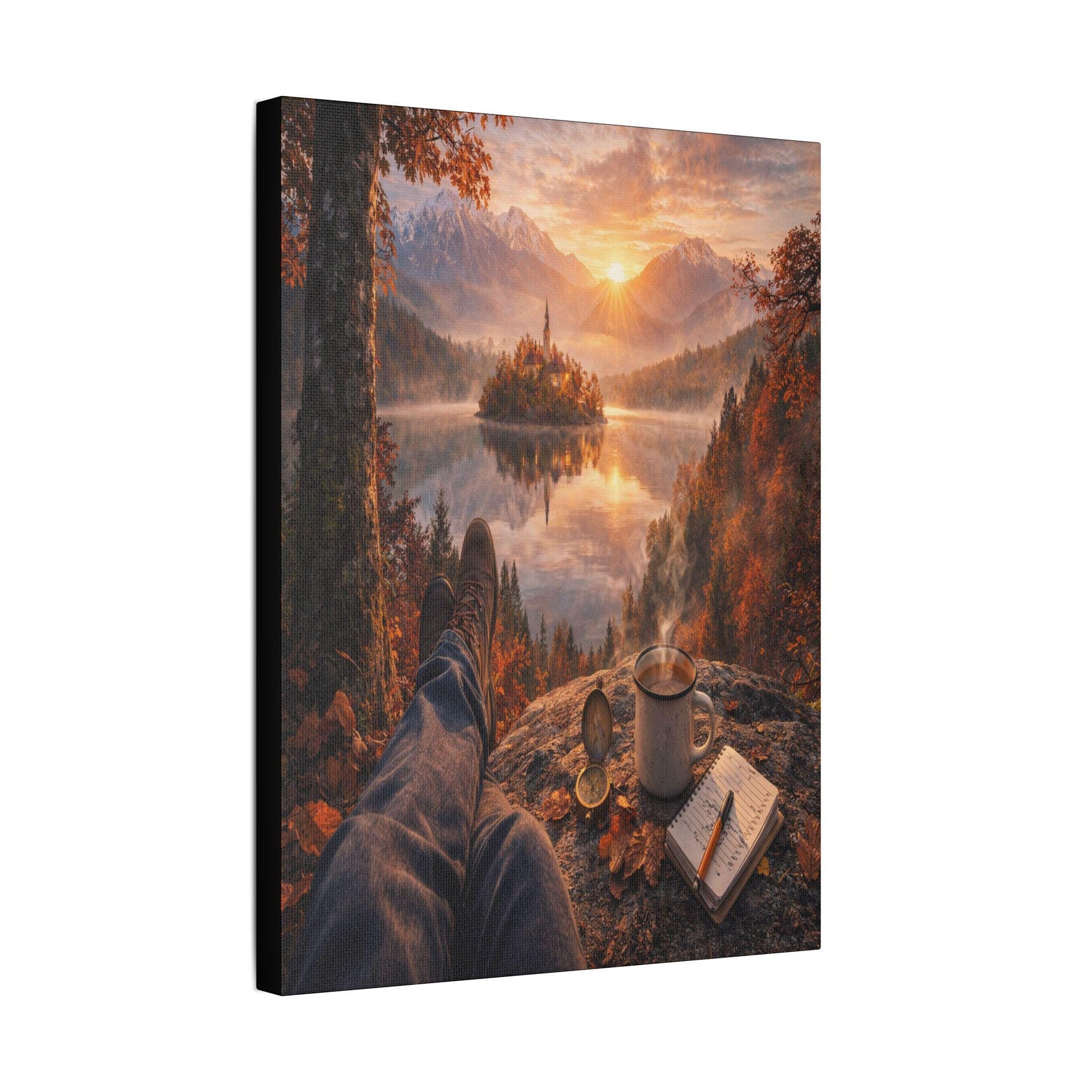 Autumn Lake Canvas Art, Cozy Mountain Landscape, Ready-to-Hang