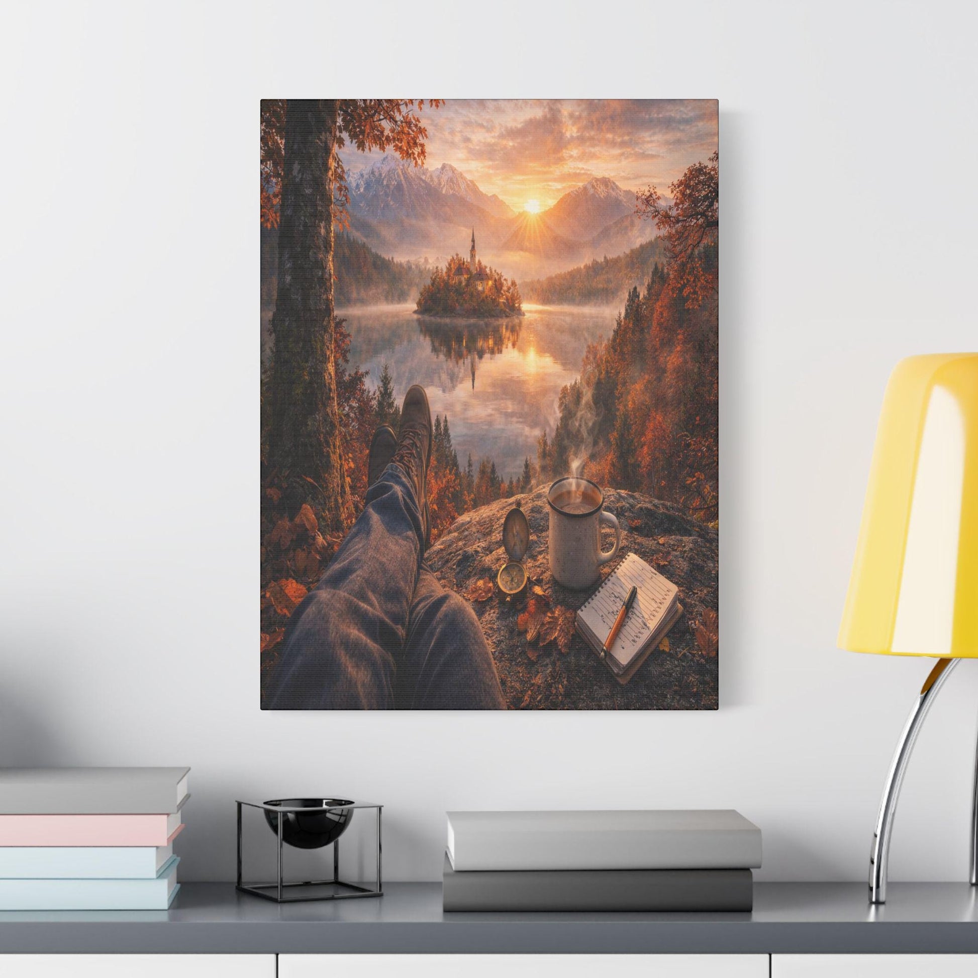 Autumn Lake Canvas Art, Cozy Mountain Landscape, Ready-to-Hang