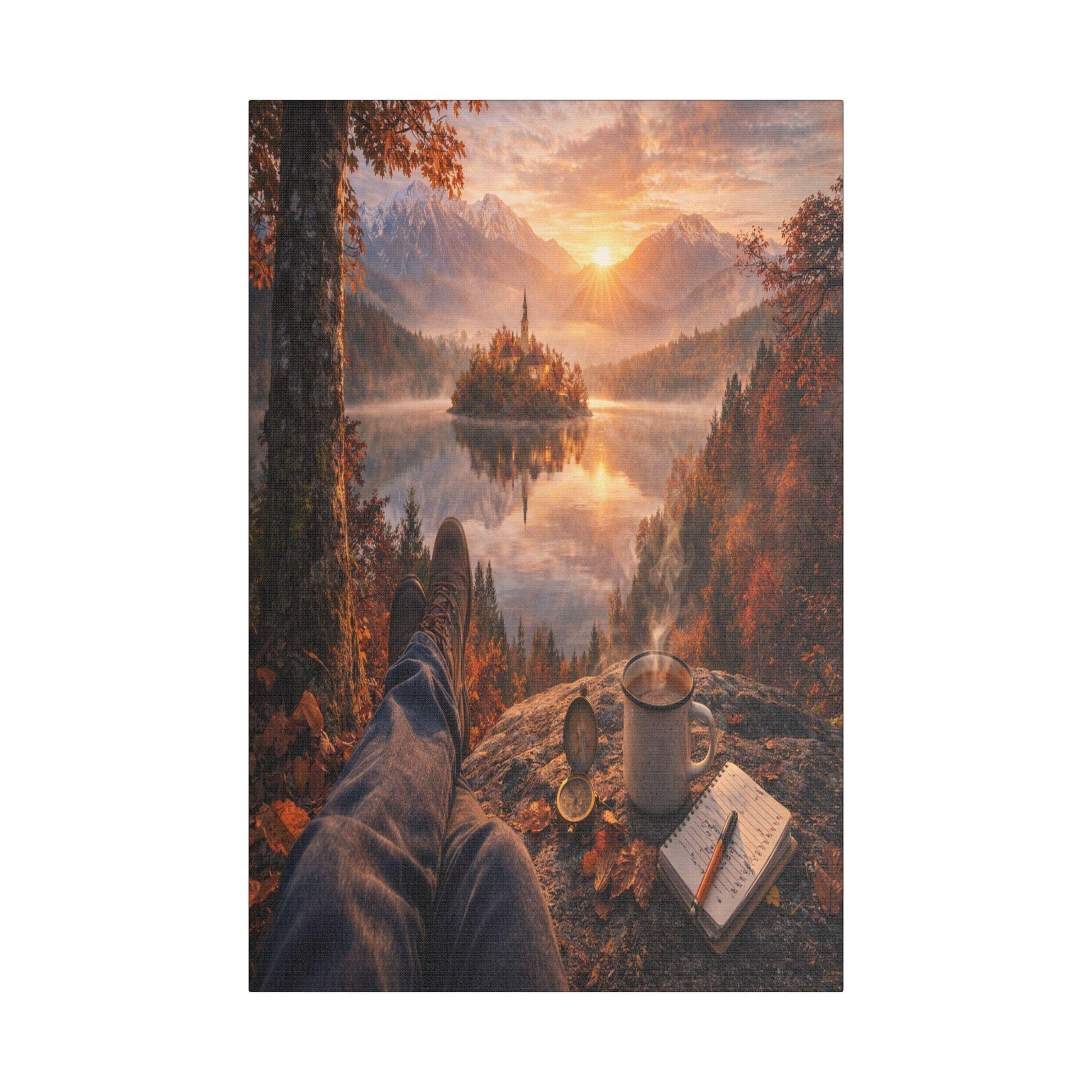 Autumn Lake Canvas Art, Cozy Mountain Landscape, Ready-to-Hang