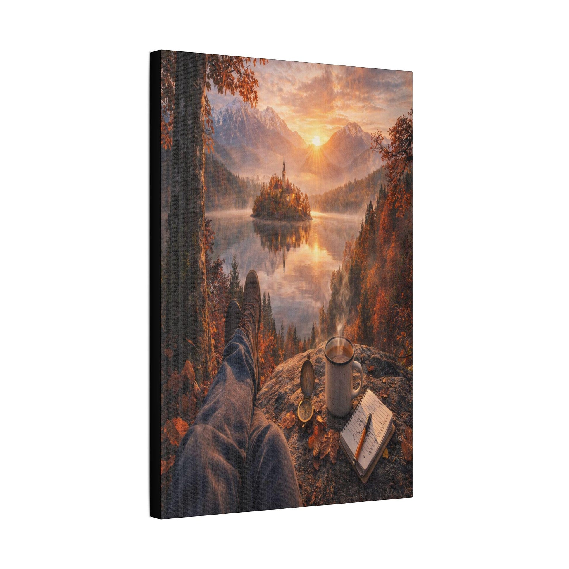 Autumn Lake Canvas Art, Cozy Mountain Landscape, Ready-to-Hang