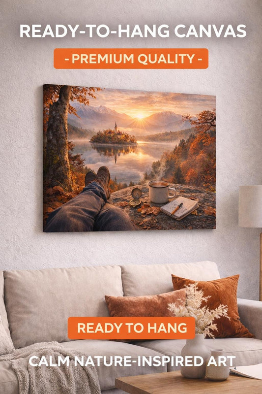 Autumn Lake Canvas Art, Cozy Mountain Landscape, Ready-to-Hang