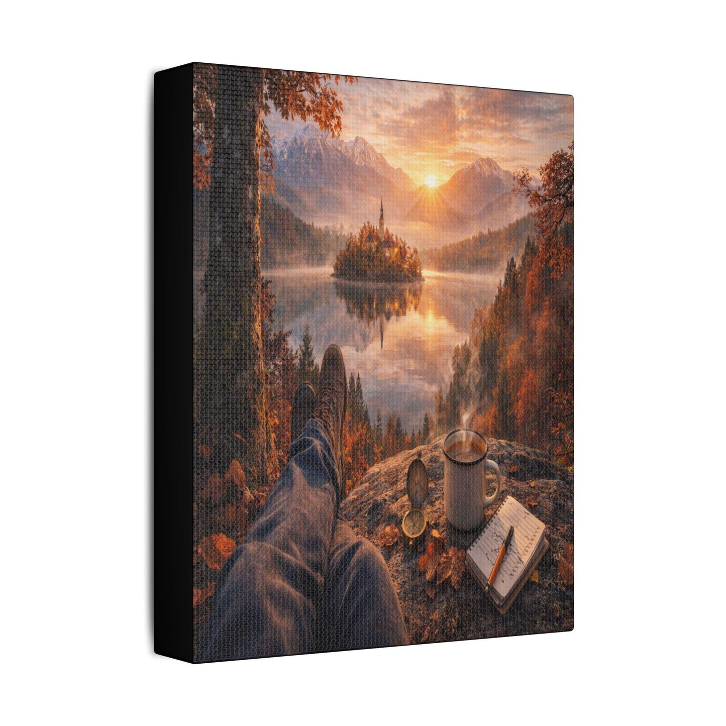 Autumn Lake Canvas Art, Cozy Mountain Landscape, Ready-to-Hang