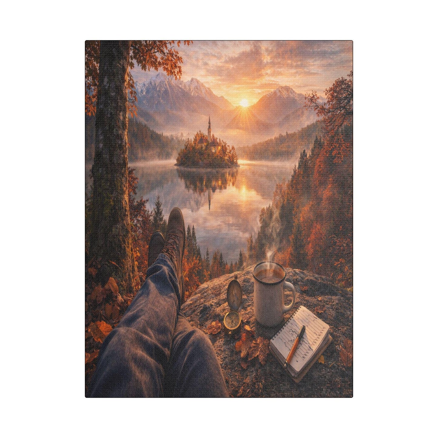 Autumn Lake Canvas Art, Cozy Mountain Landscape, Ready-to-Hang