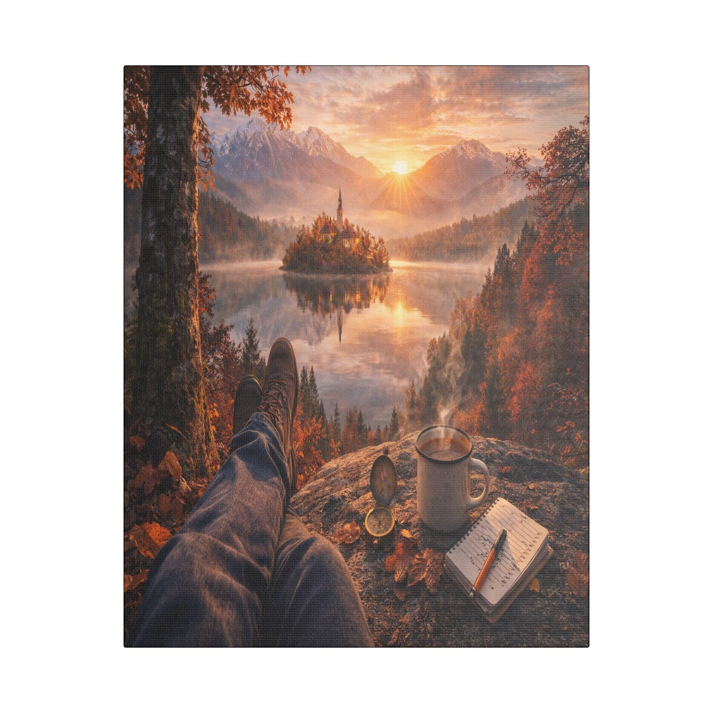 Autumn Lake Canvas Art, Cozy Mountain Landscape, Ready-to-Hang