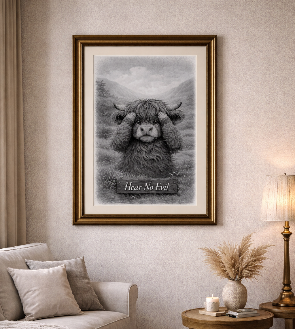 See No Evil Highland Cow  Poster | Black and White Farmhouse Art
