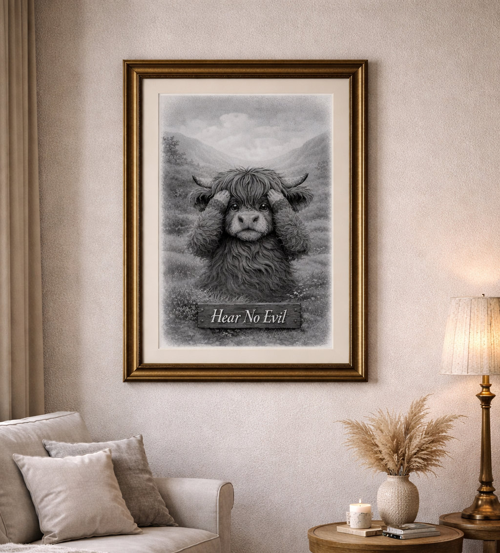Hear No Evil Highland Cow Poster | Black and White Farmhouse Art