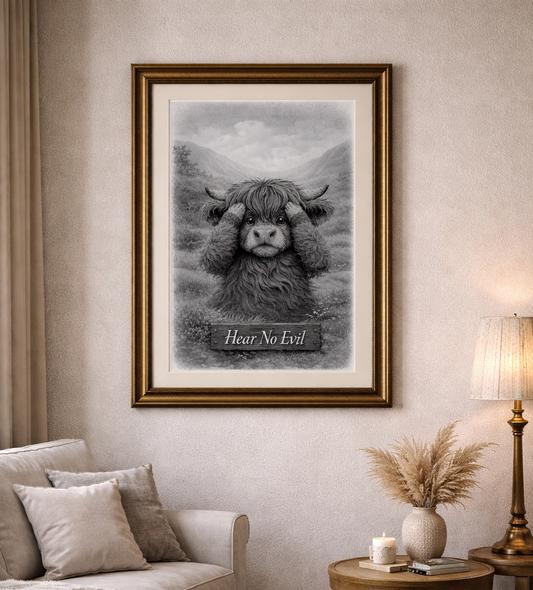 Hear No Evil Highland Cow Poster | Black and White Farmhouse Art