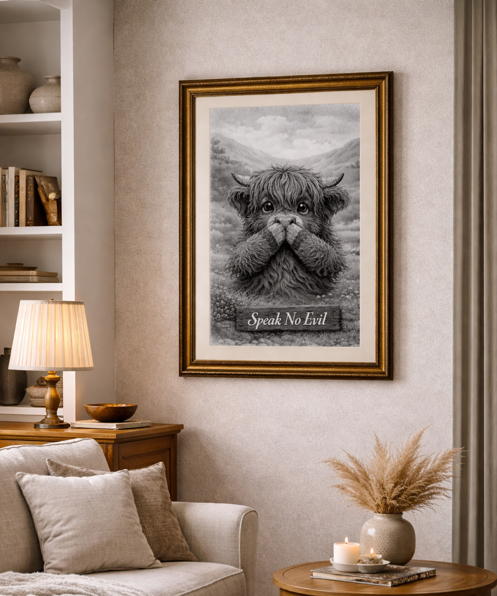 Speak No Evil Highland Cow Poster | Black and White Farmhouse Art