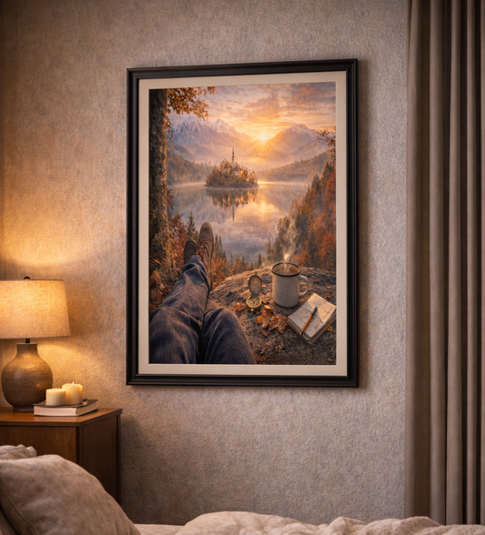 Autumn Lake Canvas Art, Cozy Mountain Landscape, Ready-to-Hang