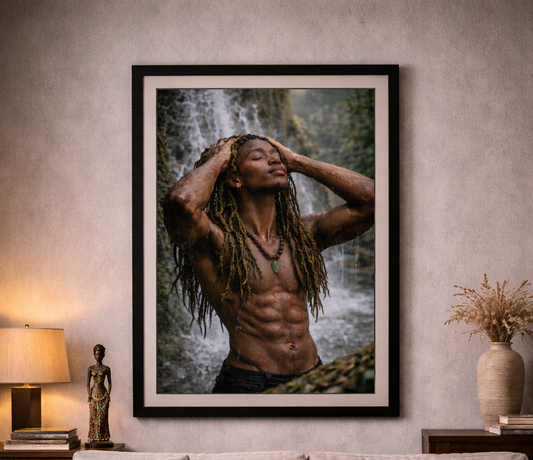 King Caelus | Afrocentric Masculine Canvas Wall Art | Spiritual Black Man Waterfall |