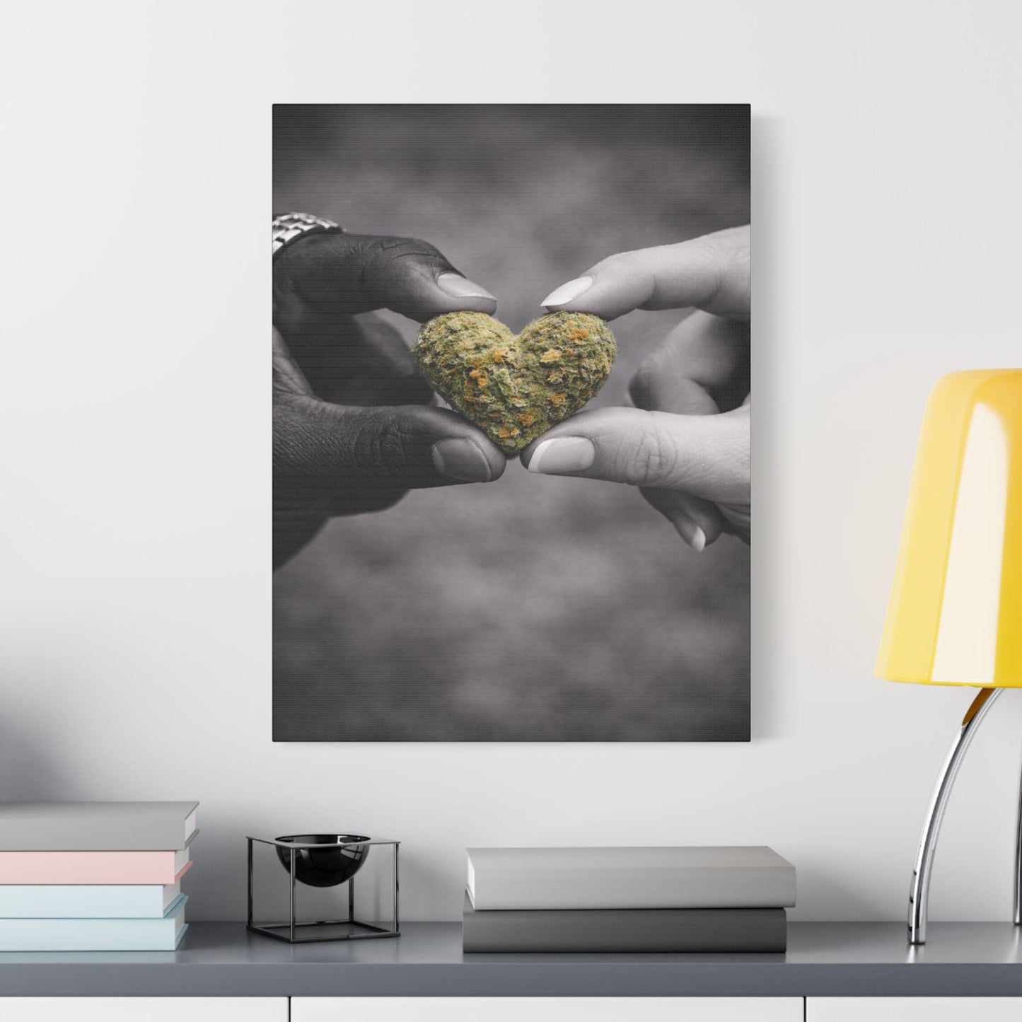 Couple Cannabis Wall Art Canvas | Love & Weed Artwork | Black and White Romantic Wall Decor | Heart Shaped Weed Bud Art
