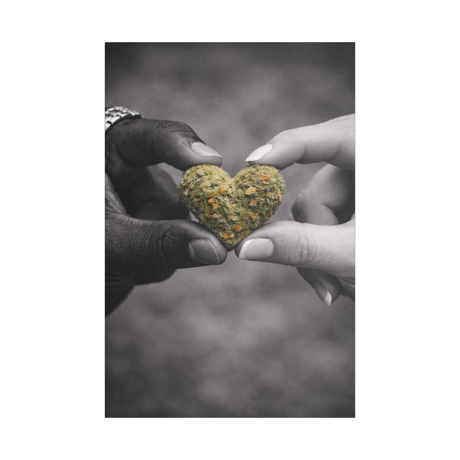 Couple Cannabis Wall Art Canvas | Love & Weed Artwork | Black and White Romantic Wall Decor | Heart Shaped Weed Bud Art