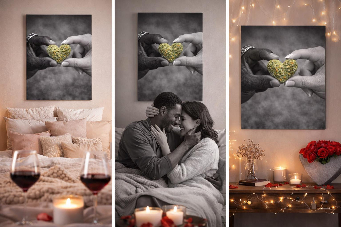 Couple Cannabis Wall Art Canvas | Love & Weed Artwork | Black and White Romantic Wall Decor | Heart Shaped Weed Bud Art