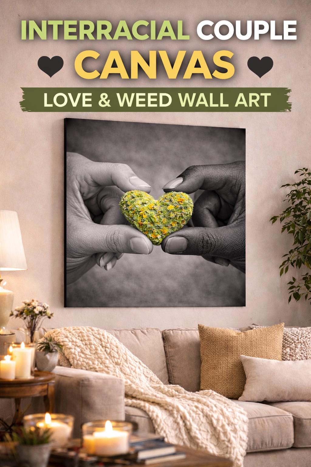 Couple Cannabis Wall Art Canvas | Love & Weed Artwork | Black and White Romantic Wall Decor | Heart Shaped Weed Bud Art