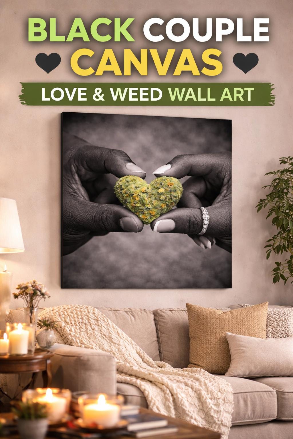 Couple Cannabis Wall Art Canvas | Love & Weed Artwork | Black and White Romantic Wall Decor | Heart Shaped Weed Bud Art
