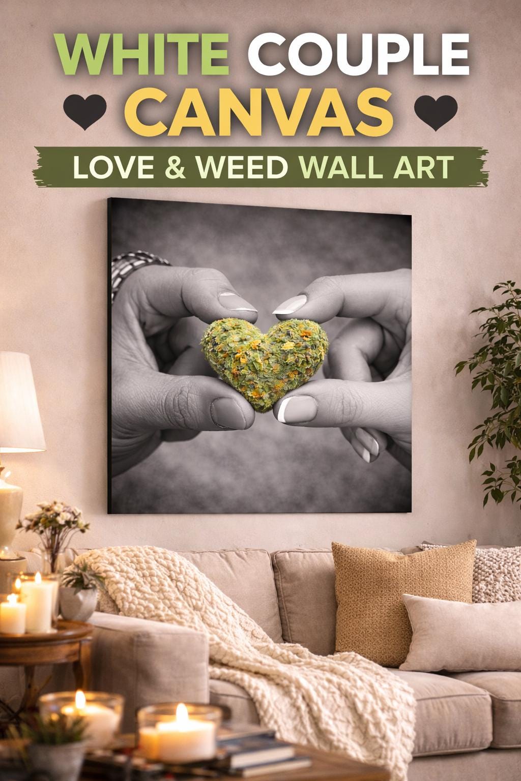 Couple Cannabis Wall Art Canvas | Love & Weed Artwork | Black and White Romantic Wall Decor | Heart Shaped Weed Bud Art