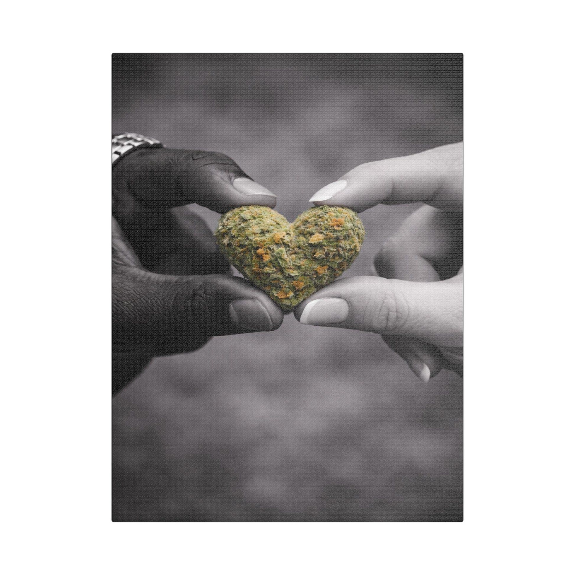 Couple Cannabis Wall Art Canvas | Love & Weed Artwork | Black and White Romantic Wall Decor | Heart Shaped Weed Bud Art