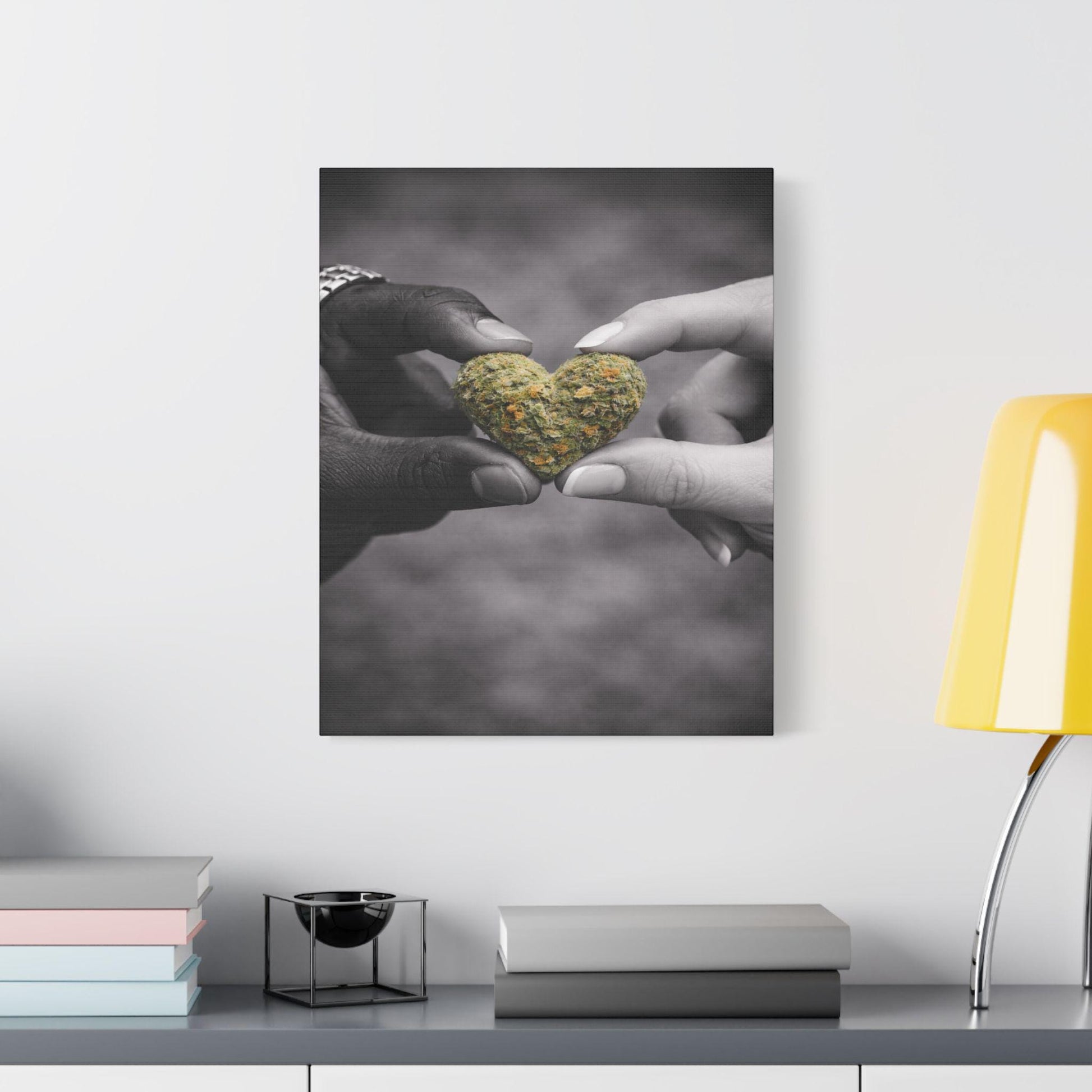 Couple Cannabis Wall Art Canvas | Love & Weed Artwork | Black and White Romantic Wall Decor | Heart Shaped Weed Bud Art