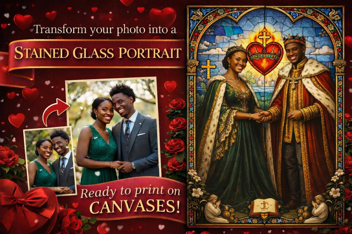 Custom Stained Glass Portrait Canvas | Royal Couple Art