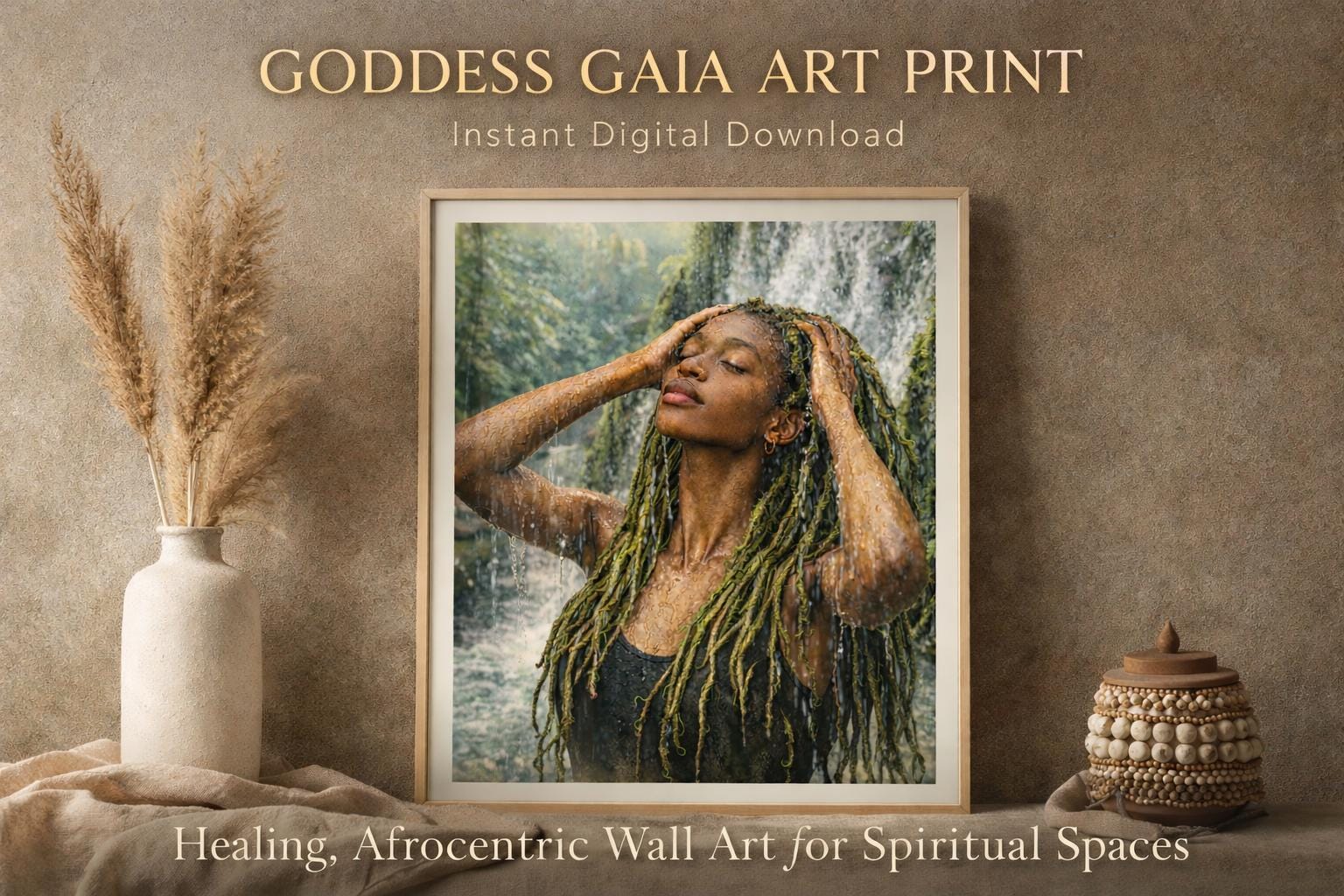 Goddess Gaia Art Print | Afrocentric Woman, Waterfall (Digital Download)