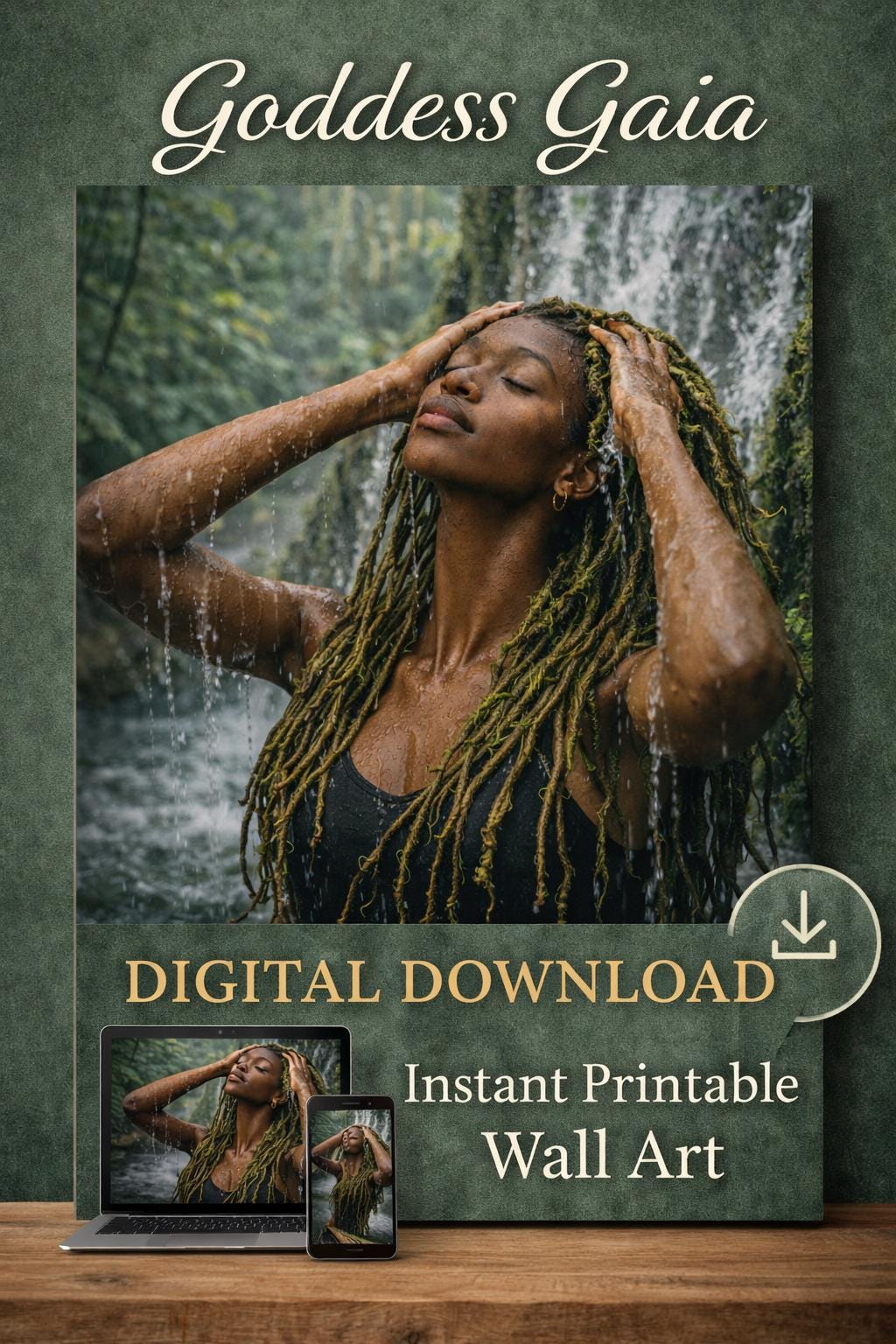 Goddess Gaia Art Print | Afrocentric Woman, Waterfall (Digital Download)