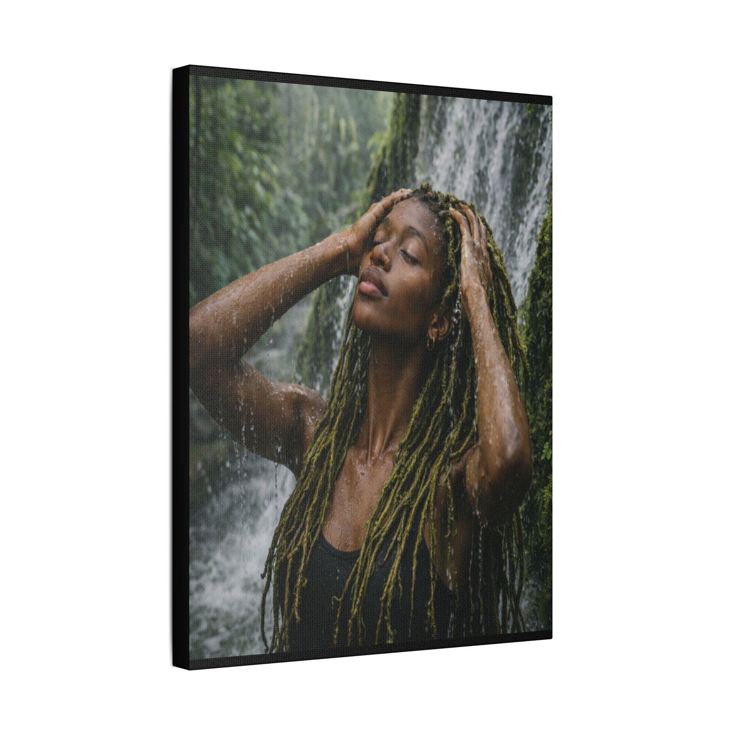 Goddess Gaia Canvas Art | Afrocentric Black Woman, Rainforest Waterfall