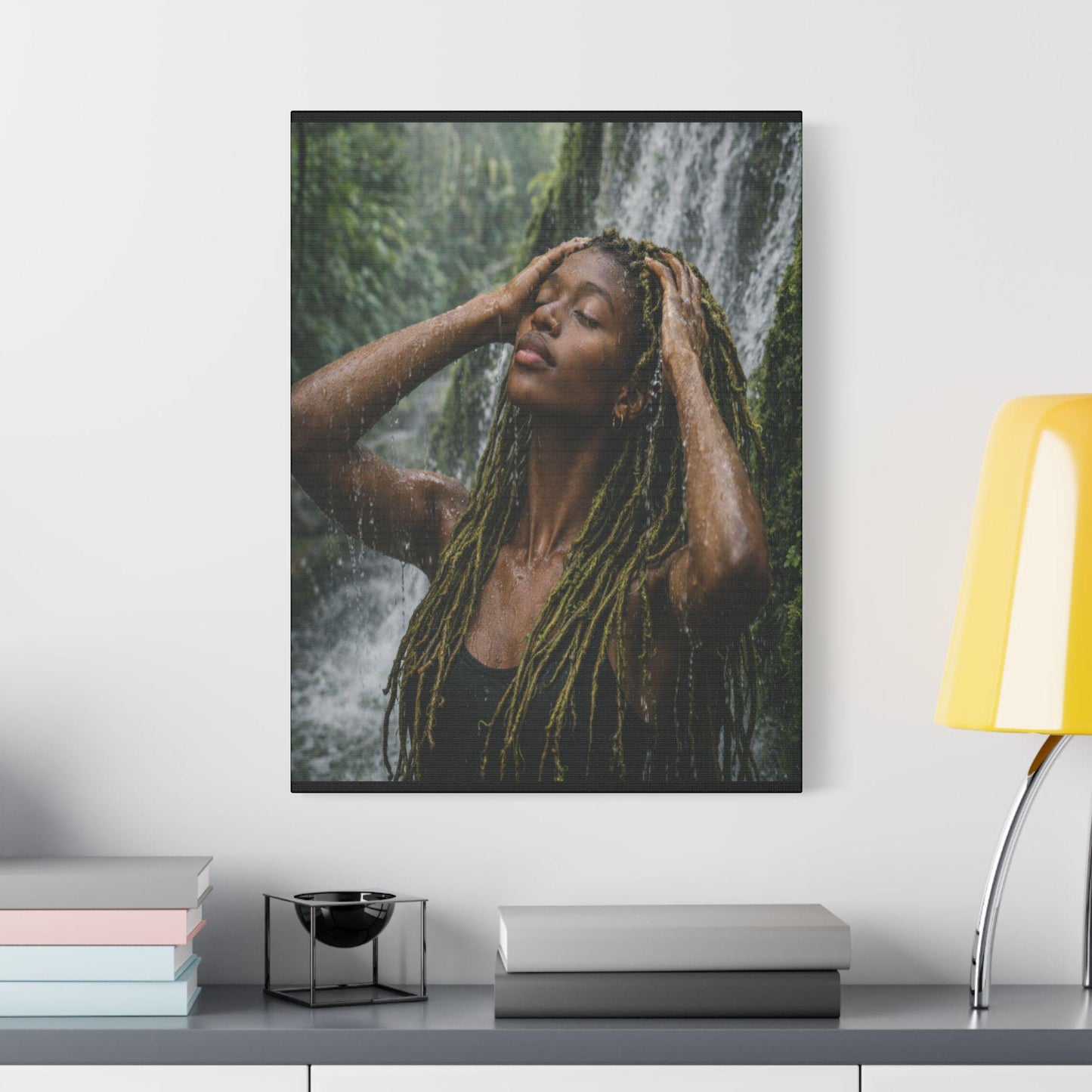 Goddess Gaia Canvas Art | Afrocentric Black Woman, Rainforest Waterfall