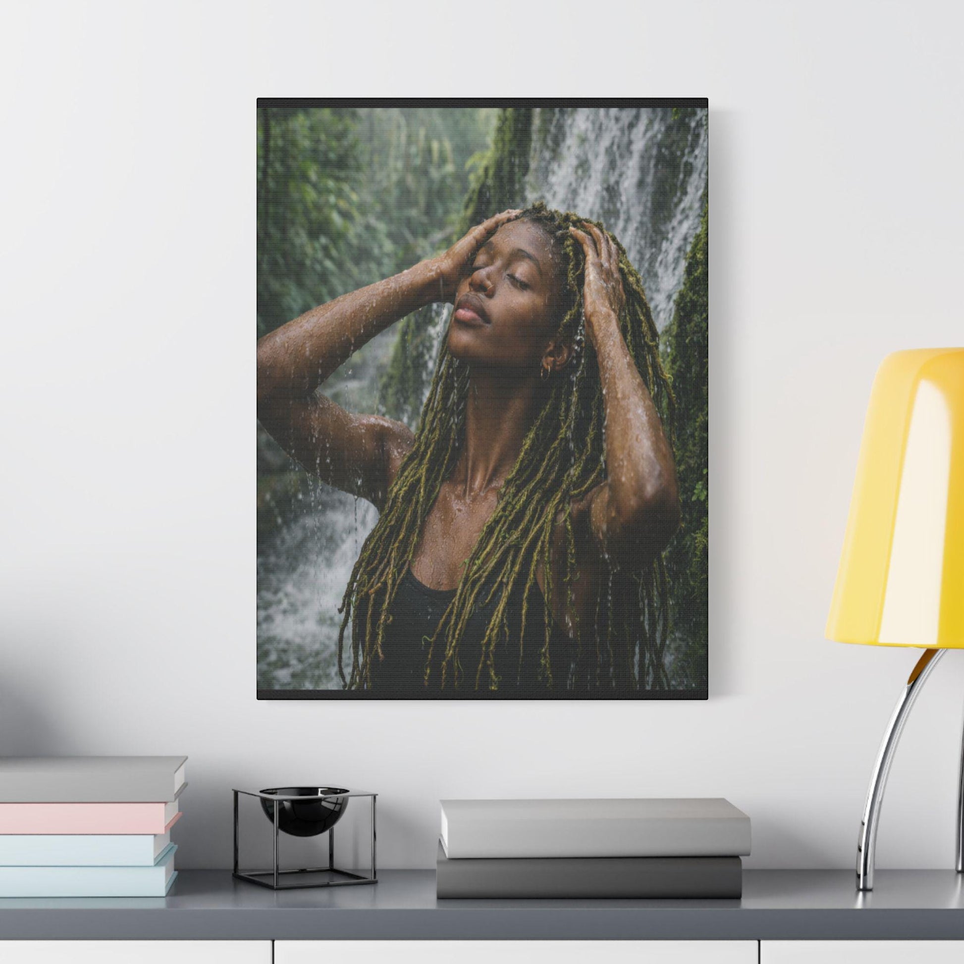 Goddess Gaia Canvas Art | Afrocentric Black Woman, Rainforest Waterfall