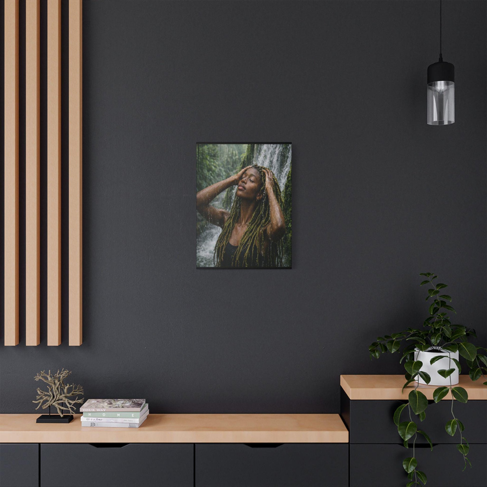 Goddess Gaia Canvas Art | Afrocentric Black Woman, Rainforest Waterfall
