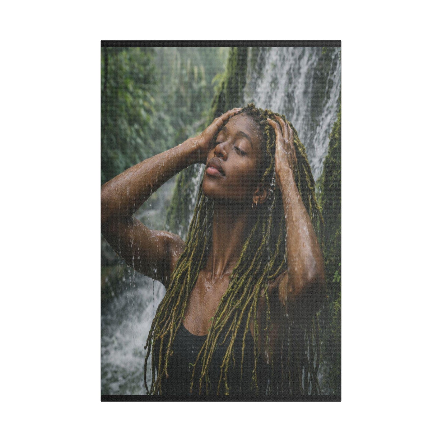 Goddess Gaia Canvas Art | Afrocentric Black Woman, Rainforest Waterfall