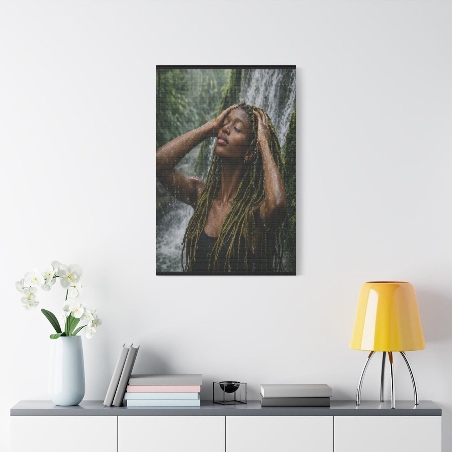 Goddess Gaia Canvas Art | Afrocentric Black Woman, Rainforest Waterfall