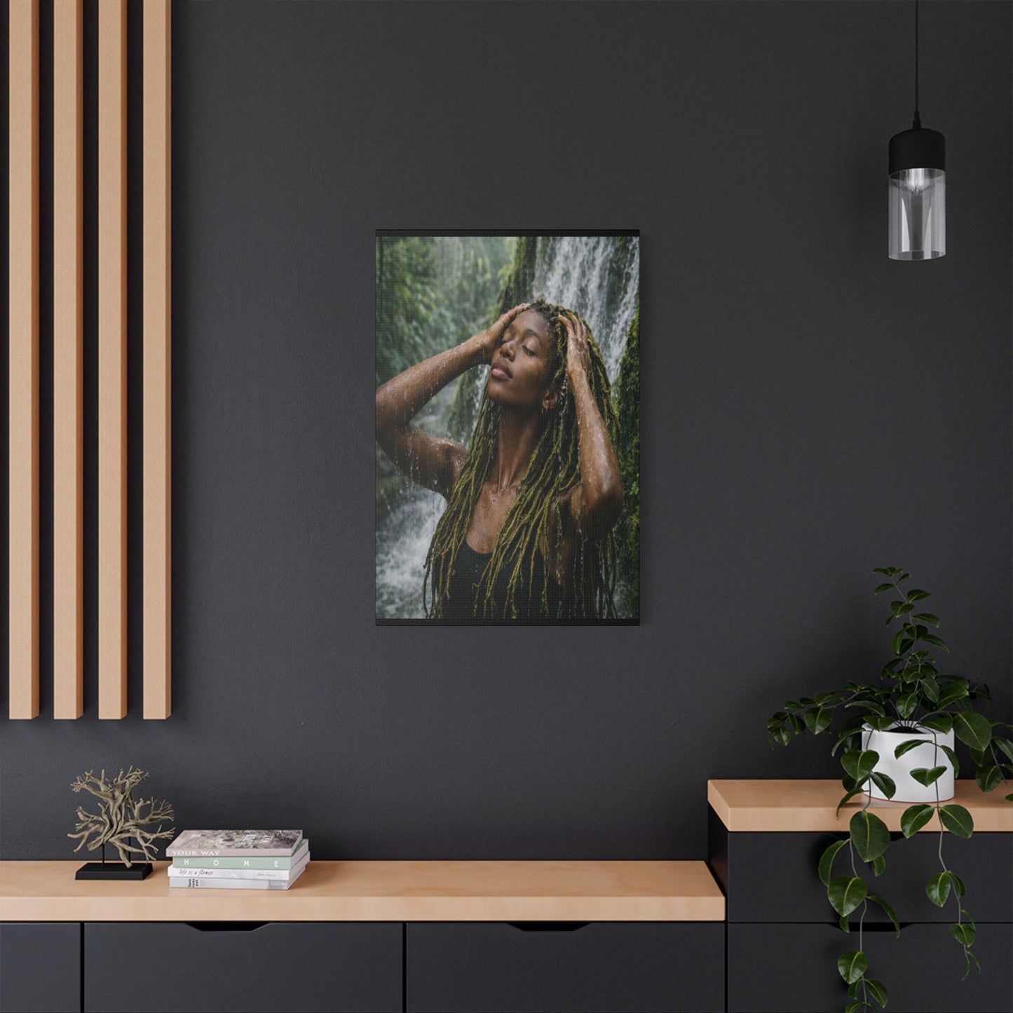 Goddess Gaia Canvas Art | Afrocentric Black Woman, Rainforest Waterfall