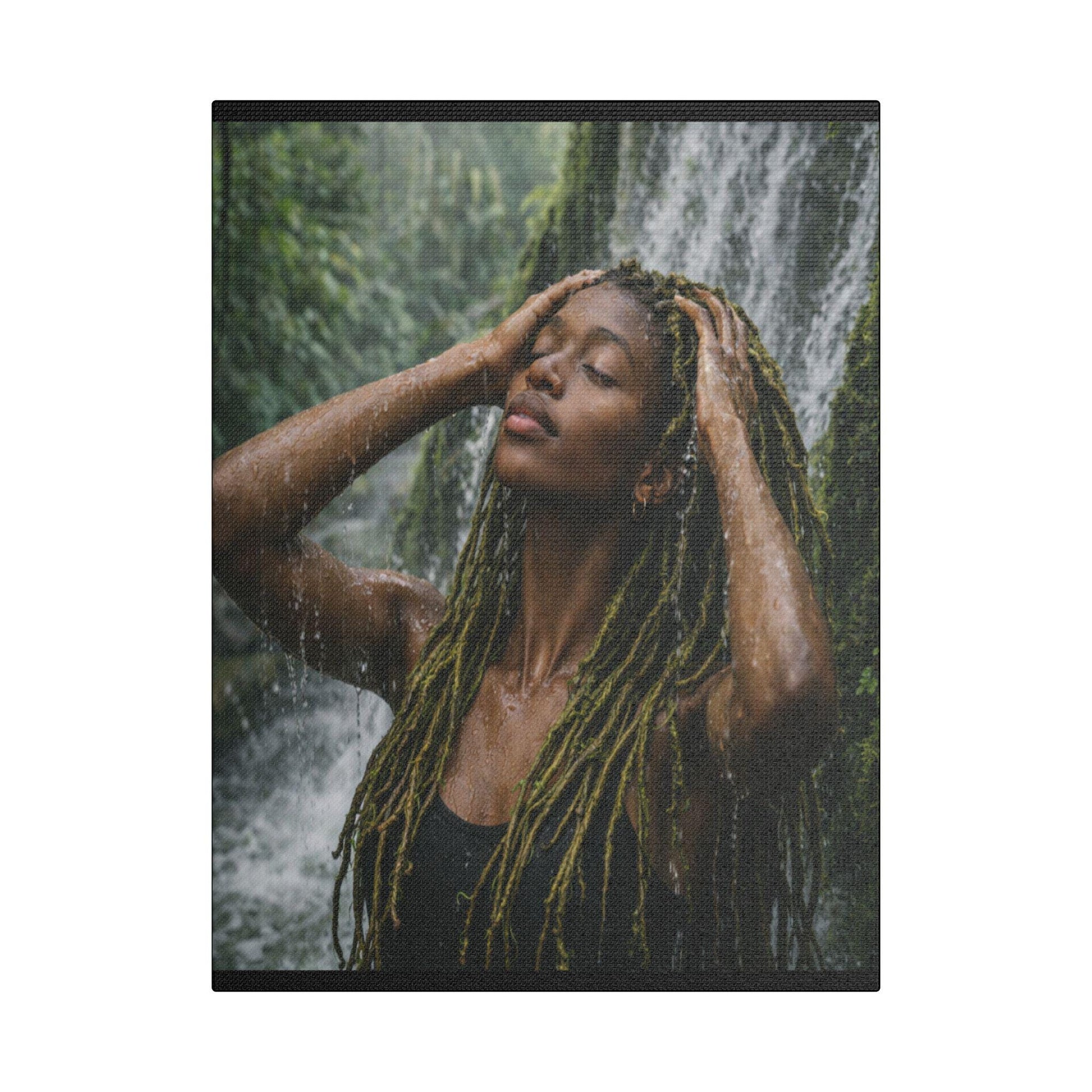 Goddess Gaia Canvas Art | Afrocentric Black Woman, Rainforest Waterfall