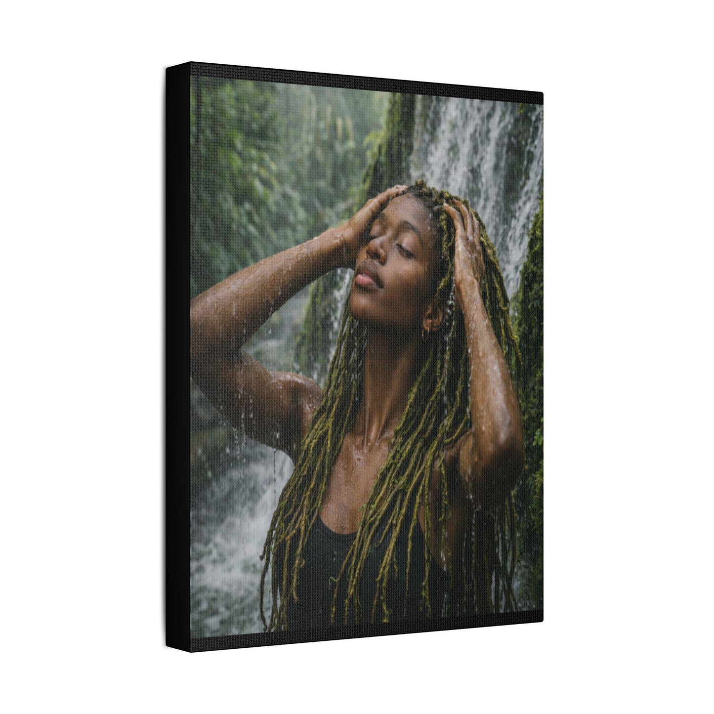 Goddess Gaia Canvas Art | Afrocentric Black Woman, Rainforest Waterfall