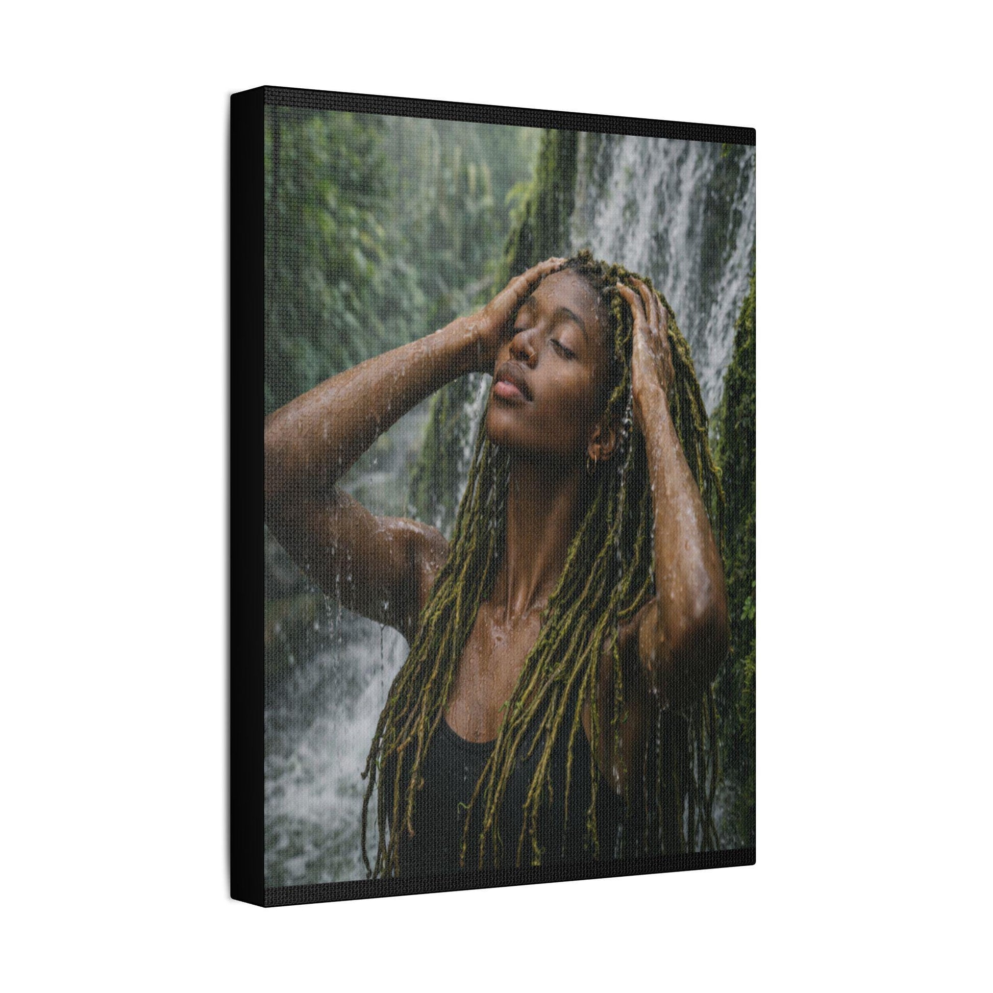 Goddess Gaia Canvas Art | Afrocentric Black Woman, Rainforest Waterfall