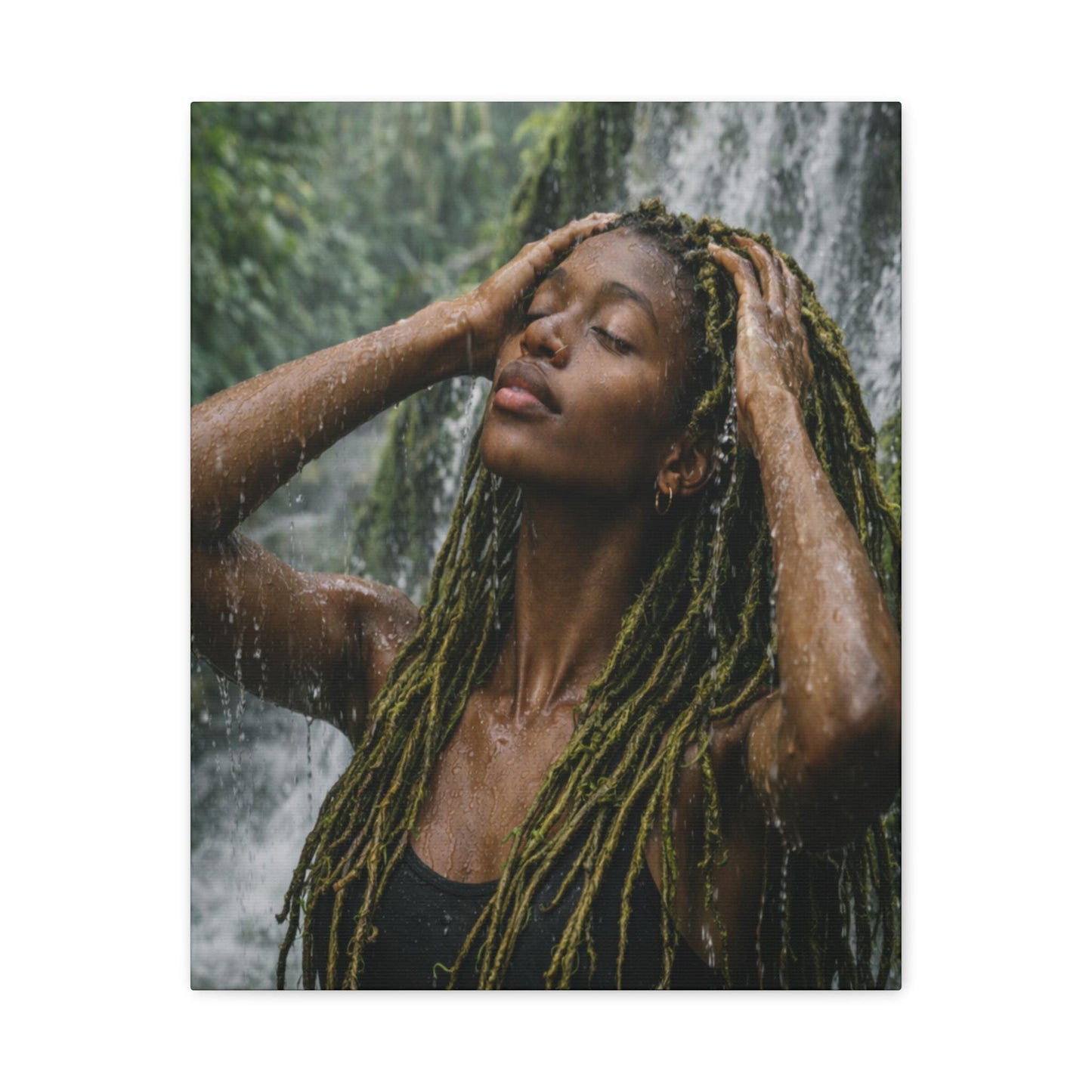 Goddess Gaia Canvas Art | Afrocentric Black Woman, Rainforest Waterfall