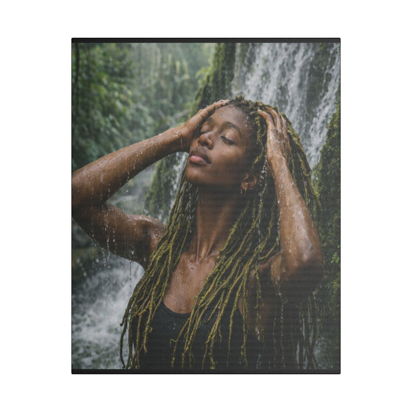Goddess Gaia Canvas Art | Afrocentric Black Woman, Rainforest Waterfall