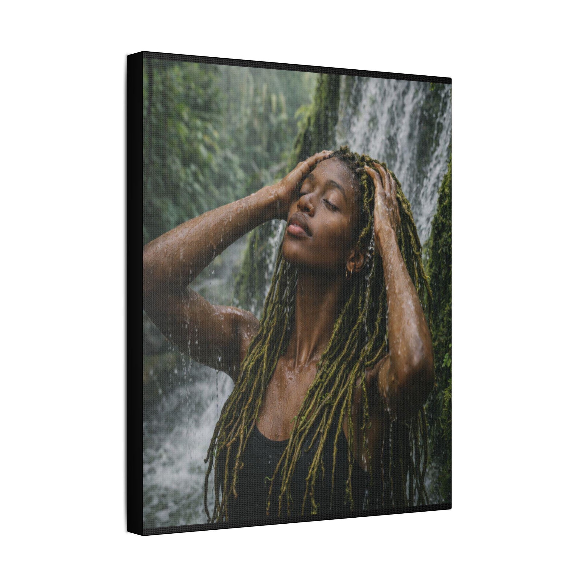 Goddess Gaia Canvas Art | Afrocentric Black Woman, Rainforest Waterfall
