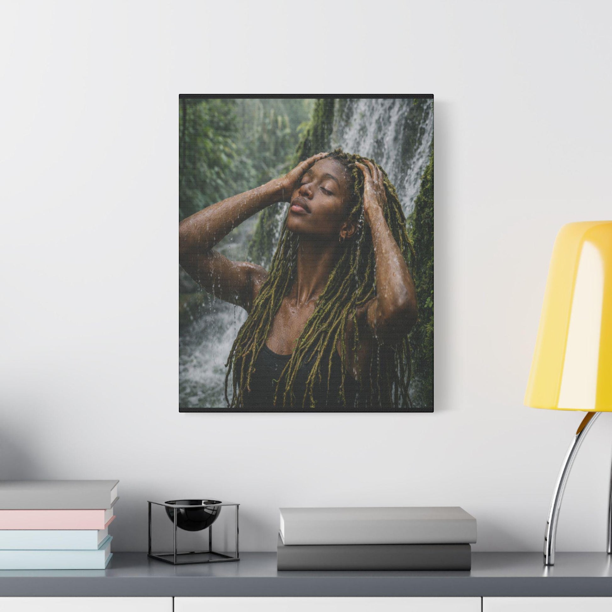 Goddess Gaia Canvas Art | Afrocentric Black Woman, Rainforest Waterfall