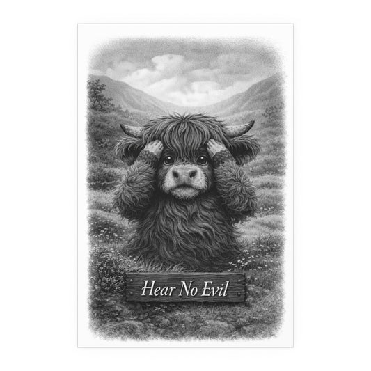Hear No Evil Highland Cow Poster | Black and White Farmhouse Art