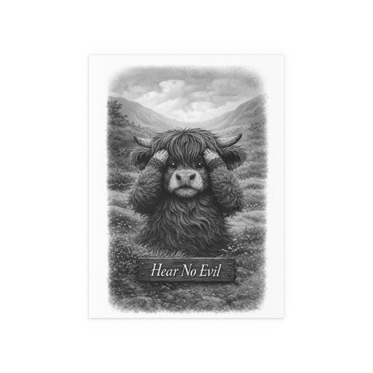 Hear No Evil Highland Cow Poster | Black and White Farmhouse Art