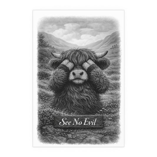 See No Evil Highland Cow  Poster | Black and White Farmhouse Art